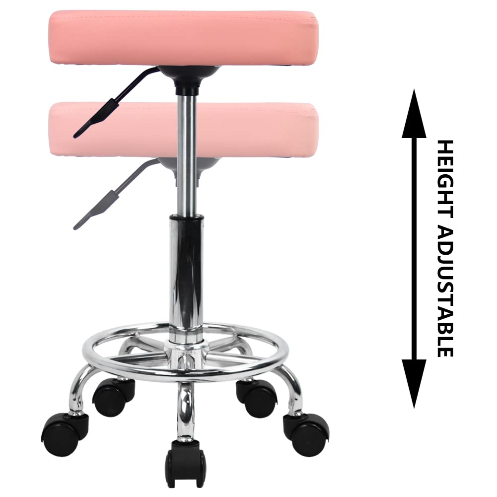 KKTONER Square Rolling Stool with Foot Rest PU Leather Height Adjustable Spa Drafting Salon Tattoo Work Swivel Stools Task Chair Small (Pink)