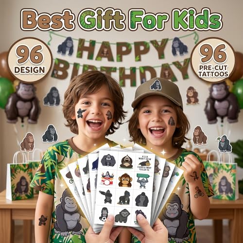 96 Pcs Gorilla Temporary Tattoos Safari Animal Party Favors