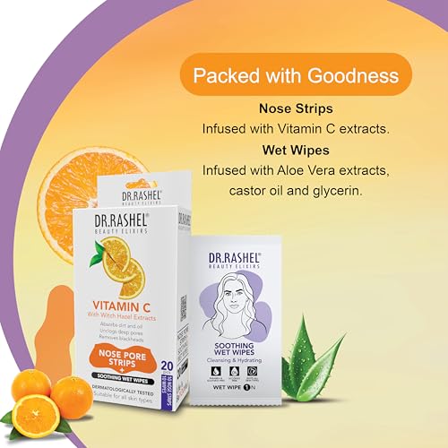 DR.RASHEL Vitamin C Nose Pore Strips For Pore Cleansing, Instant And Painless Blackheads Removal | Deep Purifying Blackhead Remover Strips for Nose | 20 PCS (10 Strips & 10 Wipes)