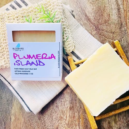 Bluebyrd Soap Plumeria Goat's Milk Soap Bar | Women's Natural Goat Milk Body Soap | Cold Process, Chemical Free, Floral Scented, Rich Farm Fresh Goatmilk Bar Soaps (Plumeria)