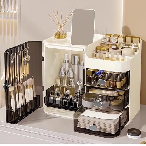 DASITON Makeup Organizer for Vanity,Large Capacity Makeup Storage Organizer with 3-Layer Drawers and Mirror,Cosmetics Display Case Make up Organizers for Vanity,Bedroom,Countertop(Black-Cream)