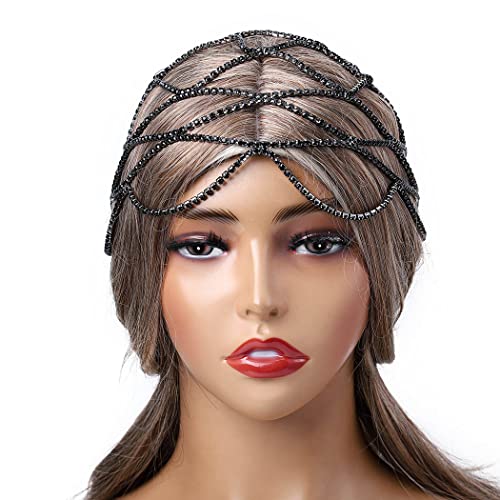 Fdesigner Rhinestone Headpieces Cap Vintage1920s Head Chain Jewelry Gatsby Flapper Hair Jewelry Masquerade Women Hair Accessoris (Black-Vintage)