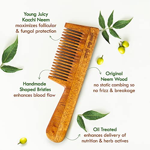 Nat Habit - Back To Natural Neem Comb, Wooden Comb, Hair Growth, For Men & Women, Treated With Neem Oil, Dual & Wide Teeth, 18-20Cm Length Brown