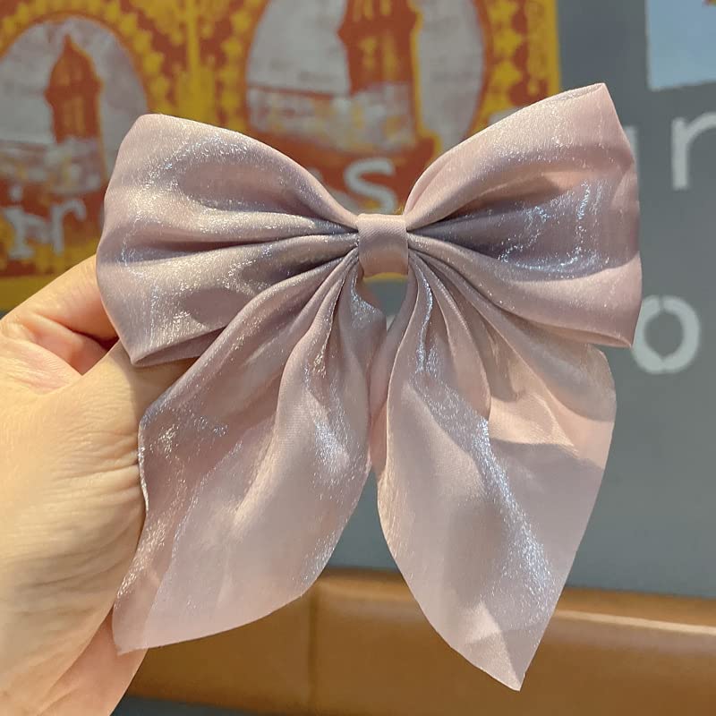 2PCS Large Bow Hair Clips for Women Girls Pearlescent Satin Hairpins Bow Ribbon Barrettes Duckbill Hair Accessories Beige