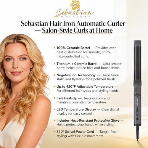 Sebastian Professional Ceramic Curling Iron - 450°F Hair Curler with Heat-Resistant Glove