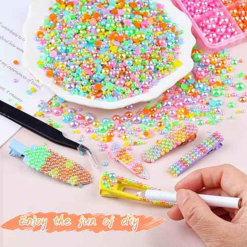 8500PCS Rainbow Flatback Pearls Set, 3/4/6/8mm Pink Purple Blue Half Round Pearls Bedazzling Bead with Tweezer and Pickup Pen for Nail Art Wedding Tumbler DIY Crafts