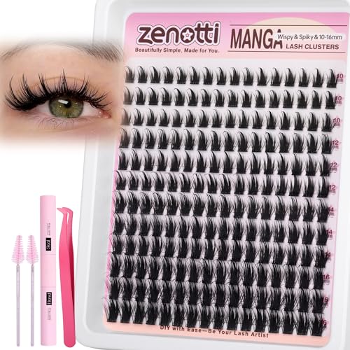 Manga Lash Clusters Kit Wispy Natural Eyelash Clusters Kit Anime Lashes Cluster 192PCS Fairy Cosplay Individual Lashes Extension Kit DIY Eyelash Extensions at Home 10-16MM by zenotti