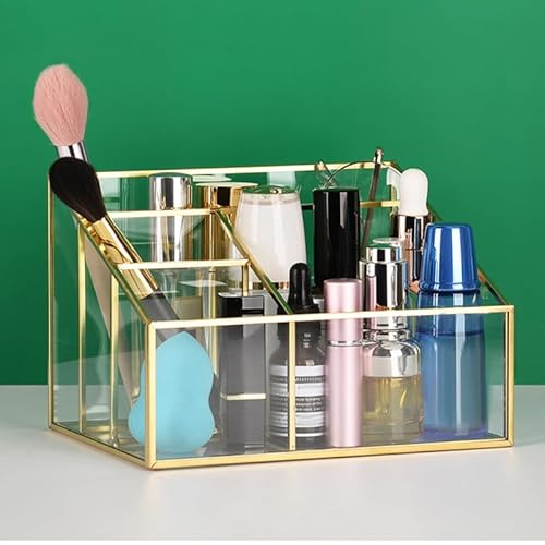 Alipis Glass Makeup Organizer with Gold Trim, Multi-Functional Cosmetic Storage Case for Vanity, Lipstick, Jewelry, Makeup Brush, Eyeliner Holder, 7.67 X 5.70 X 5.11 Inches
