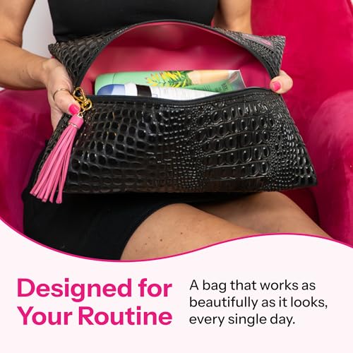 Makeup Junkie Large Makeup Bag - Bubble Gator Onyx - Patented Lay Flat Travel Toiletry Bag for Women - 9.5" x 13" Handmade USA Professional Cosmetic Case