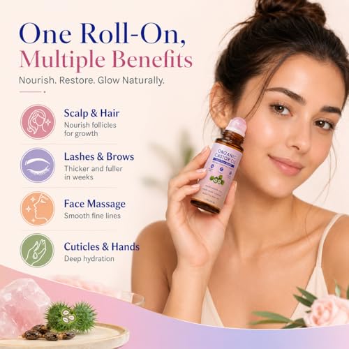 Organic Castor Oil with Rose Quartz Roller for Face & Eye Care – 1.7 Fl Oz