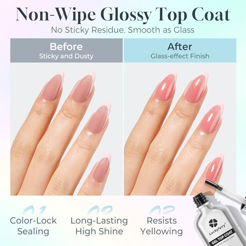 Luckyfairy No Wipe Gel Top Coat & Rubber Base Coat Set 15ml - Long Lasting Nail Polish