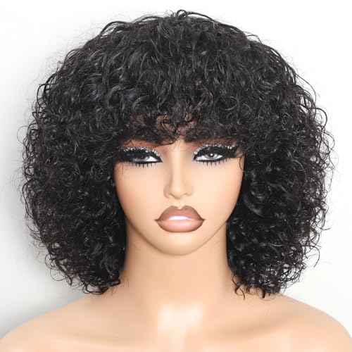 Short Curly Wig With Bangs Human Hair Curly Human Hair Wig With Bangs For Women Glueless 250% Density Water Wave Human Hair Wig With Bangs Natural Black 12Inch