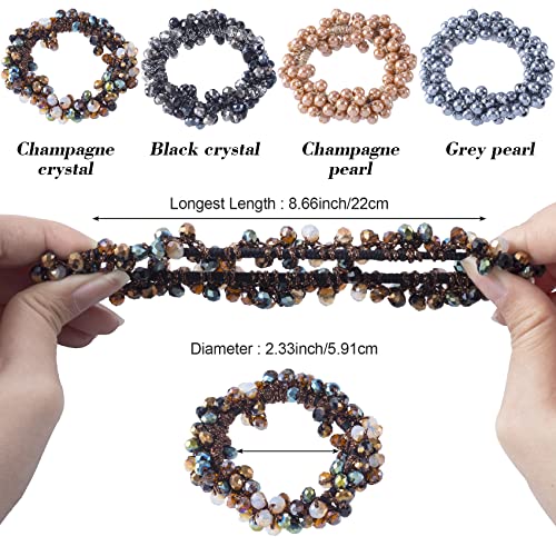 OIIKI Rhinestone Hair Ties Pearl Ponytail Holders Elastic Hair Scrunchies 4pcs, Beaded Stretchy Hair Ropes Bands Hair Accessories for Women Girls Black Grey Champagne