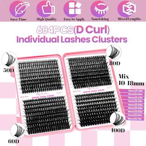 DIY Lash Extension Kit with 684pcs Lashes Clusters,1X/2X Magnification Compact Mirror with Light,Lash Bond and Seal,Eyelash Remover Tweezers Applicator Mascara Brush(50-60-80-100D)