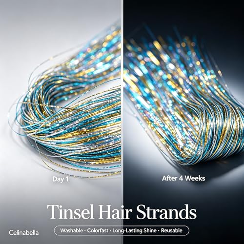 15 Tinsel Hair Extensions with Pliers Kit - Gradient Rainbow Pink Blue 47 Inch
