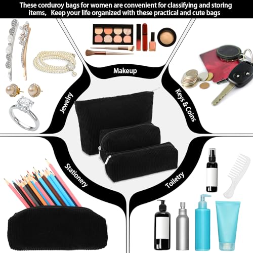 Huhumy 3-Piece Corduroy Makeup Bag Set for Women, Black
