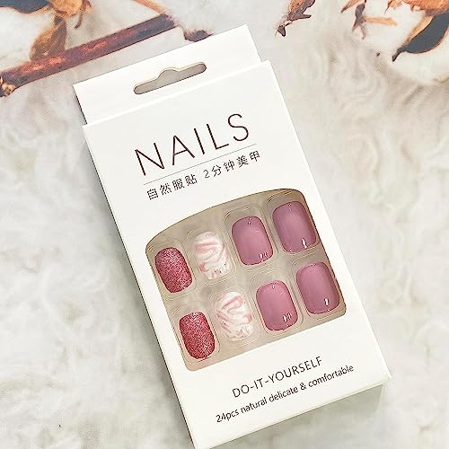 Extra Short Press on Nails Square Fake Nails with Glitter Pink White Designs Glossy Acrylic Glue on Nails Glossy False Nails Full Cover Stick on Nails Artificial Static Nails for Women 24Pcs