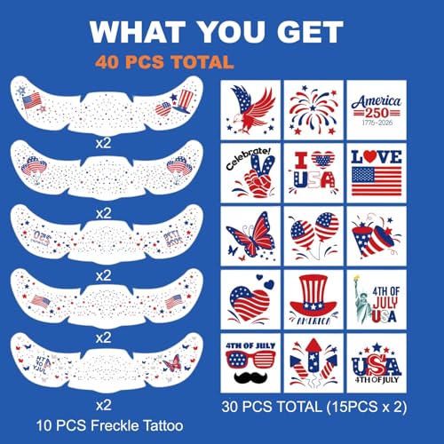 40 Pcs Patriotic Temporary Tattoos - Glitter Freckles & Stickers