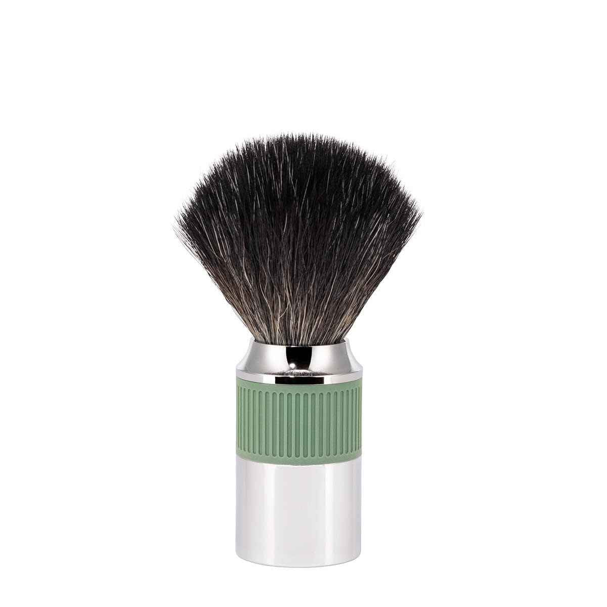 MÜHLE NEO shaving brush | Vegan Shave Brush for Shaving soaps and creams | sustainable eco-friendly and reusable | exfoliating shaving brush | chrome with sage green silicone grip handle