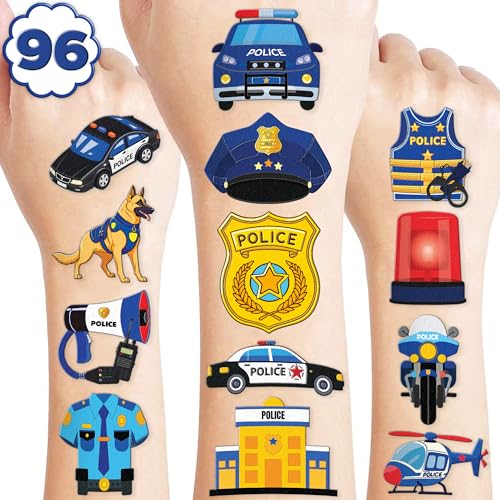 96 PCS Police Car Police Officer Policeman Pre-Cut Temporary Tattoos for Kids | Super Cute Theme Birthday Party Favors, Supplies, Decorations, Fake Tattoo Stickers (Multiple)