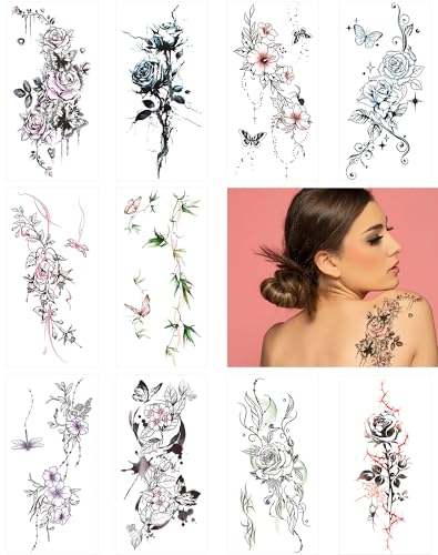 Waterproof Flower Butterfly Temporary Tattoos, 10 Sheets