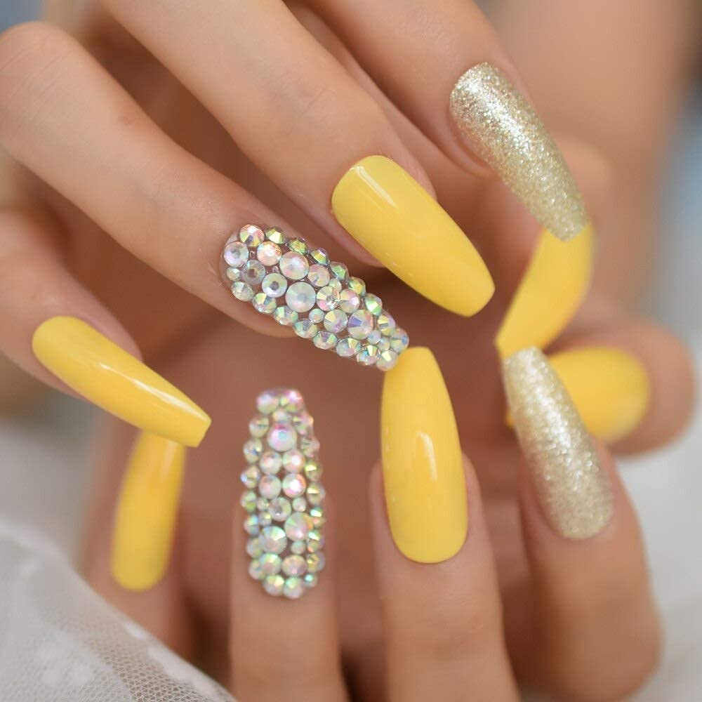 Coolnail Neon Leon Yellow Press on False Nails Holo Gems Gold Glitter Extra Long Coffin Ballerina Full Fingersnails Free Adhesive Tapes