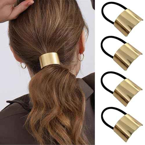 Papasgix Metal Hair Cuff: Geometric Elastic Accents for Thick Hair - Gold Ponytail Cuffs, Set of 14