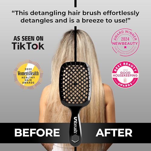 FHI Heat UNbrush Detangling Brush for Pain-Free Brushing on All Wet or Dry Hair Types — Durable DuoFlex Anti-Static Bristles, Lightweight Handle, Vented Hair Brush, Black