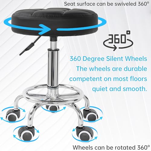 PU Leather Rolling Stool Height Adjustable Swivel Seat with Footrest