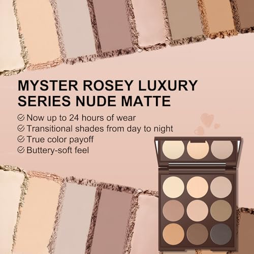MYSTER ROSEY Nude Eyeshadow Palette - 9 Matte Shades, 12H Waterproof