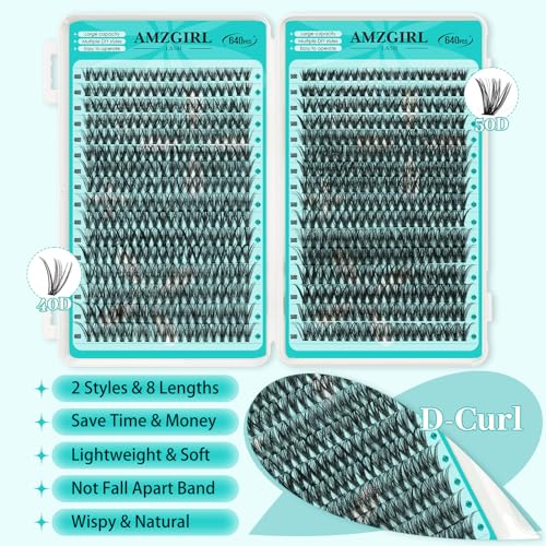 AMZGIRL Lash Clusters Kit - 640Pcs 40D/50D DIY Eyelash Extensions