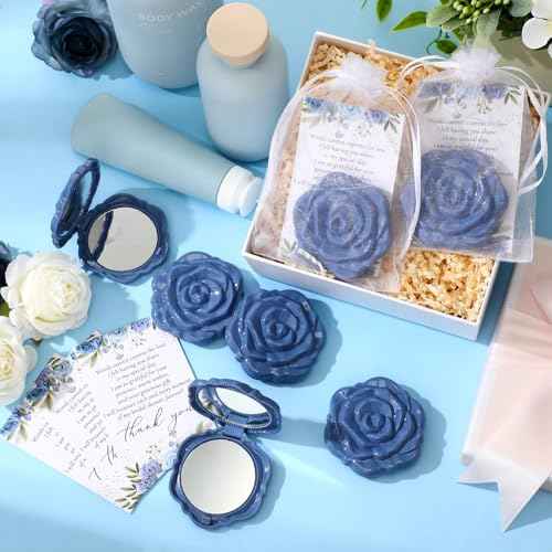 50 Sets Bridal Shower Party Favors for Guests Small Rose Compact Mirror Bulk Wedding Favors Thank You Cards and Organza Bags Wedding Party Guests Souvenir Gift (Blue)