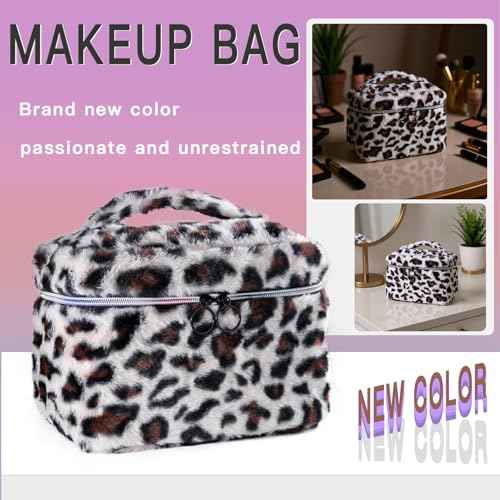 Plush Travel Makeup Bag Toiletry bag for Women Soft Fluffy Cosmetic Bag Portable Foldable (Beige Leopard)