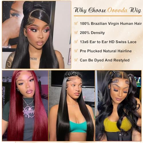 OOVVDA Black 30 Inch Human Hair Lace Front Wig 13x6 HD Straight 200% Density