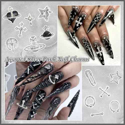 BELICEY 190PCS 3D Nail Charms - Silver Star Cross Planet Rivet Punk Cone Jewels for Acrylic Nails