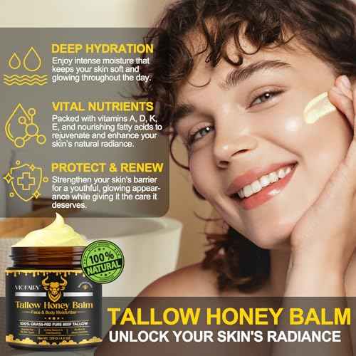 Tallow and Honey Balm for Face - Beef Tallow for Skin - 100% Organic Grass-Fed Beef Tallow & Raw Wild Honey -Moisturizing Cream for Soft, Smooth Skin- Light Scent, Moisturizing Natural Formula, 4.0 Oz