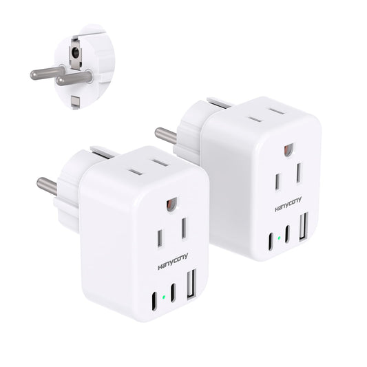 Type E F Plug Adapter, Germany France Travel Plug Adapter with 2 Outlets 3 USB Ports(2 USB C)，Schuko Power Adaptor for US to Europe EU Spain Iceland Korea Greece Norway Russia German French 2 Pack