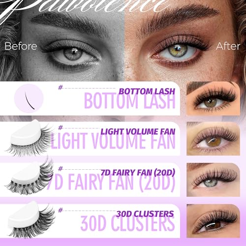 Pawotence Brown Lash Extension Kit Lash Clusters Wispy Invisible Band 10-12mm Individual Lashes Natural Brown Clusters Eyelash Extension Kit with Lash Bond and Seal, Lash Applicator for Self Use