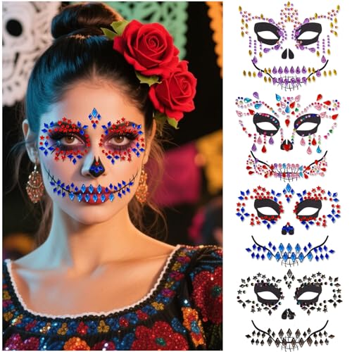 Halloween Face Jewels Rhinestone Skull Stickers - 4 Pack