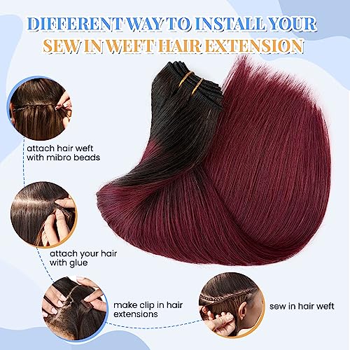1B99J Sew in Hair Extensions Real Human Hair Wine Red Bundles Burgundy with Dark Roots Hand Tied Weft Hair 100g 16Inch Double Weft Silky Straight Ombre Sew in Hair Bundles for Women