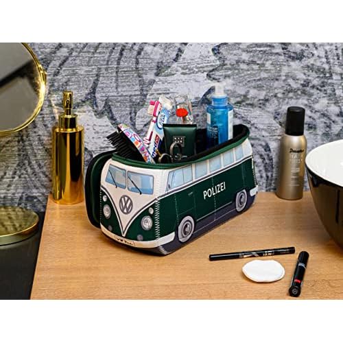 BRISA VW Collection - Volkswagen Neoprene Universal Makeup Cosmetics Toiletry Travel Pharmacy Bag in T1 Bus Design (Police/Green) (Small (9.1 x 4.3 x 3.1 inches))