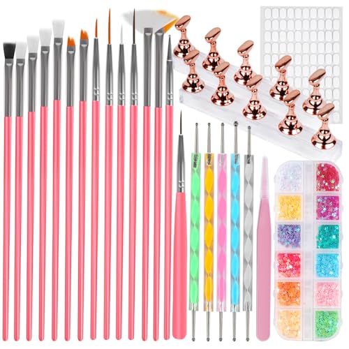 25-Piece Nail Art Tools Set with Brushes, Dotting Tools & Stands