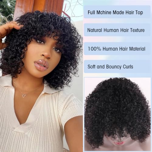 Short Kinky Curly Bob Human Hair Wig with Bangs for Black Women