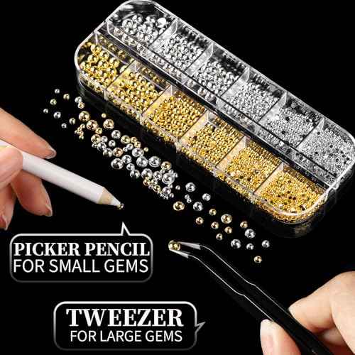 FANDAMEI Gold Nail Gems, 3D Star Nail Charms, Flatback Pearls White Beige, Half Round Silver and Gold Nail Charms, Mixed Sizes Pearls for Nails, Metal Nail Beads, 3D Metallic Nails Art Studs