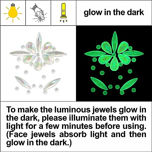 Noctilucent Face Gems, 12Pcs Luminous Face Jewels Rhinestones Stickers and 15g Chunky Glitter Glow in The Dark for Face Eye Glow Make up Festival Dress-up Face Jewelry Rave Accessories Party Supplies