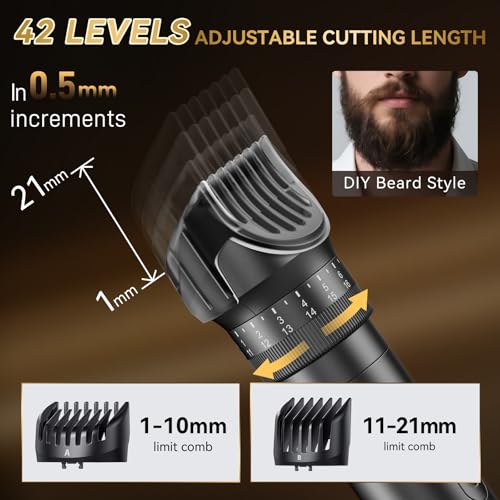 Beard Trimmer for Men - Hair Clippers with 42 Adjustable Length Settings, Professional Mens Grooming Kits Precision Trimming for Beard Facial Nose Trimmer IPX6 Waterproof LED Display Mustache Trimmer
