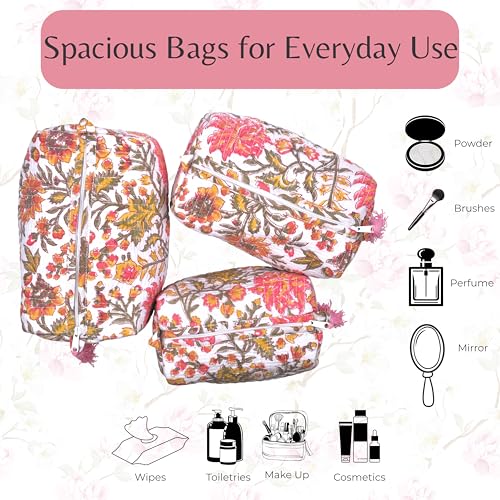 Quilted Floral Block Print Makeup Bag Set of 3 ? Cotton Travel Toiletry and Makeup Organizer, Cosmetic Pouch, Toiletry Bag for Women, Cute Boho Coquette Make Up Bags for Women (Small, Medium, Large)