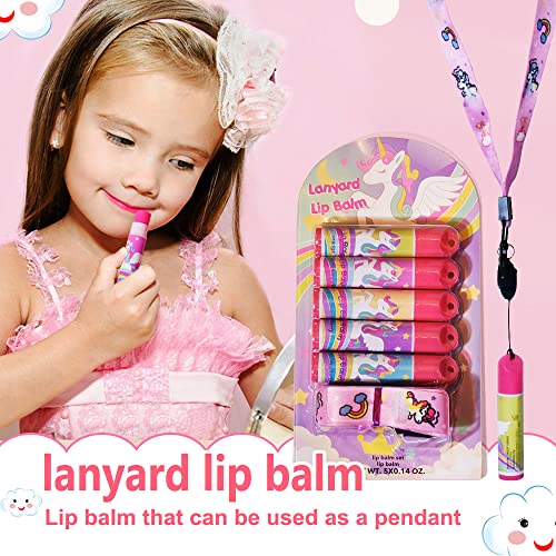 5 Pcs Fruit Flavored Lip Balm Set With Lanyard, Unicorn, Lip Care to Moisturize Dry Lips