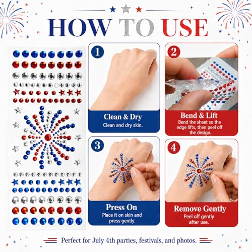 4th of July Face Gems - Patriotic Star Rhinestone Stickers