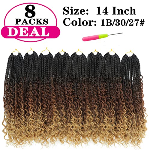 8 Packs Crochet Box Braids- Boho Box Braids Crochet Braids Hair Bohomian Box Braid Crochet Hair Synthetic Braiding Hair 14 Inch Goddess Box Braids Crochet Hair for black women (14(8Packs), 1B/30/27)